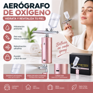 Atomizador facial portátil tipo aerógrafo, diseñado para pulverizar de forma fina líquidos cosméticos compatibles con el equipo.