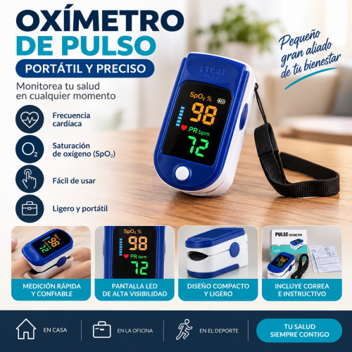 Oxímetro de pulso digital portátil diseñado para mostrar la saturación de oxígeno en sangre (SpO₂) y la frecuencia del pulso mediante una pantalla digital.