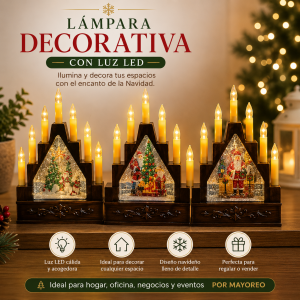 Ilumina tus espacios con esta lámpara decorativa navideña tipo candelabro con luz LED, diseñada con una escena festiva central y múltiples luces decorativas que crean un ambiente cálido y llamativo.