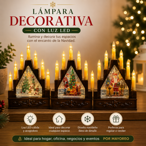 Ilumina tus espacios con esta lámpara decorativa navideña tipo candelabro con luz LED, diseñada con una escena festiva central y múltiples luces decorativas que crean un ambiente cálido y llamativo.