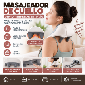 Masajeador portátil diseñado para colocarse alrededor del cuello y la zona de los hombros. Su formato envolvente y ergonómico permite mantenerlo colocado cómodamente durante momentos de descanso y cuidado personal.