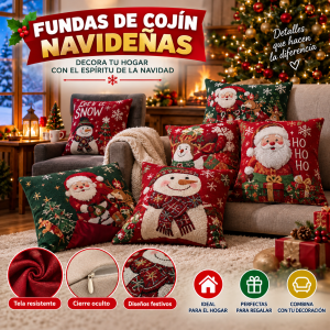 Fundas de cojín navideñas decorativas con diseños festivos, ideales para ambientar salas, recámaras, sillones, camas, oficinas, hoteles, posadas y espacios comerciales durante la temporada decembrina
