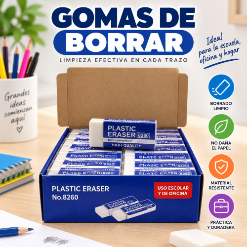 Gomas de borrar escolares tipo plástico, ideales para uso en escuela, oficina, papelería, hogar y actividades de escritura o dibujo.
