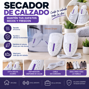 Secador eléctrico portátil para calzado compuesto por dos piezas con diseño ventilado y cable de alimentación