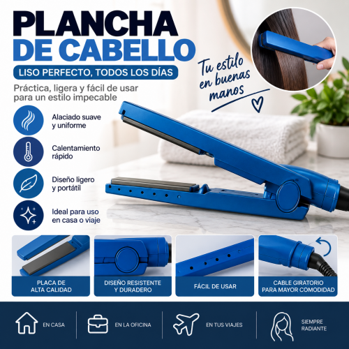 Plancha alisadora eléctrica para cabello de diseño compacto y práctico, ideal para complementar rutinas de peinado y cuidado personal.