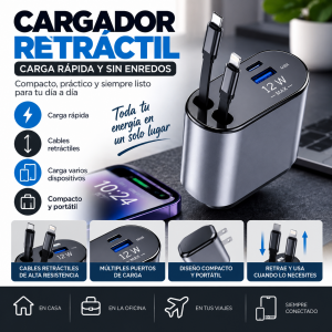 Cargador retráctil para automóvil con diseño compacto y sistema de cables integrados que ayuda a mantener el interior del vehículo más ordenado.