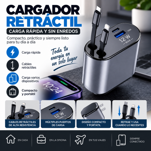 Cargador retráctil para automóvil con diseño compacto y sistema de cables integrados que ayuda a mantener el interior del vehículo más ordenado.