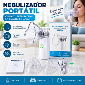 Nebulizador portátil de diseño compacto y práctico, ideal para tener en casa o transportar fácilmente. Incluye mascarillas transparentes, boquilla y cable USB según la presentación mostrada.