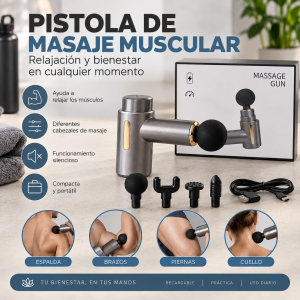 Pistola de masaje muscular de diseño compacto, ideal para realizar masajes en distintas zonas del cuerpo como espalda, brazos, piernas y cuello.