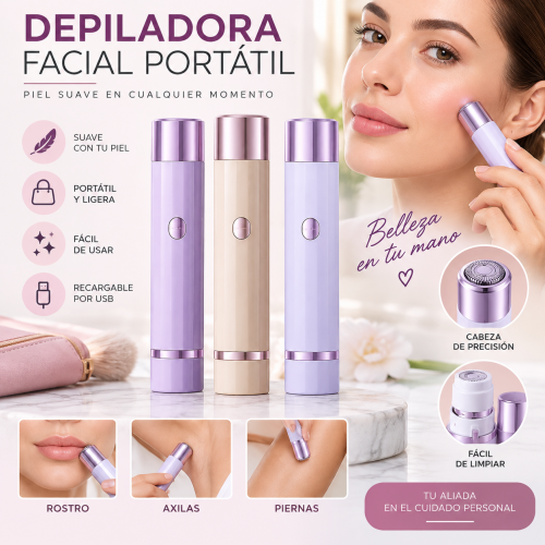 Depiladora facial portátil de diseño compacto, ideal para retirar vello fino en zonas delicadas del rostro y cuerpo. Su formato ligero permite llevarla fácilmente en bolsa o neceser. Depiladora facial portátil de diseño compacto, ideal para retirar vello fino en zonas delicadas del rostro y cuerpo. Su formato ligero permite llevarla fácilmente en bolsa o neceser.
