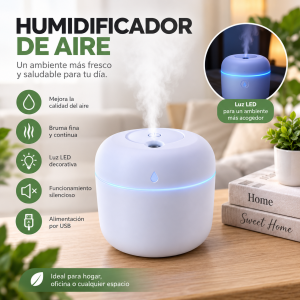 Mantén un ambiente más agradable con este humidificador de aire compacto, diseñado para complementar espacios como habitaciones, oficinas, escritorios y áreas de trabajo.