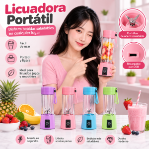 Licuadora portátil ideal para preparar licuados, jugos y smoothies de forma práctica. Su diseño compacto permite llevarla a la oficina, gimnasio, escuela o viaje