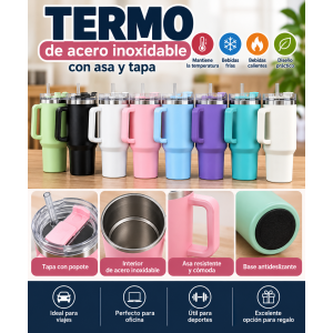 Termo botella de acero inoxidable con asa para transportar, ideal para llevar bebidas durante actividades cotidianas, trabajo, escuela, viajes o ejercicio.