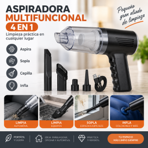 Aspiradora portátil multifuncional 4 en 1 para aspirar, soplar, cepillar e inflar. Ideal para hogar, oficina y automóvil.