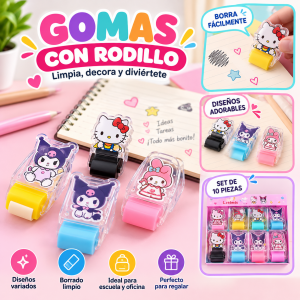 Set de gomas decorativas con rodillo, ideales para uso escolar, papelería, oficina, regalos, detalles infantiles y artículos de temporada escolar.