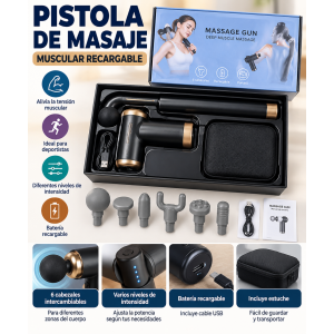 Pistola de masaje muscular recargable con diferentes cabezales intercambiables para trabajar distintas zonas del cuerpo. Cuenta con varios niveles de intensidad