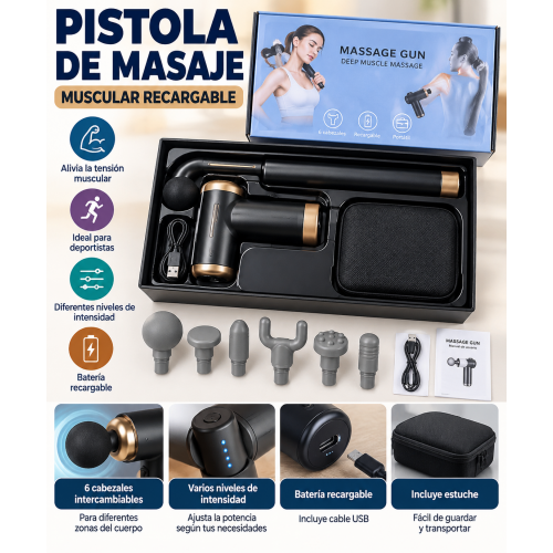 Pistola de masaje muscular recargable con diferentes cabezales intercambiables para trabajar distintas zonas del cuerpo. Cuenta con varios niveles de intensidad
