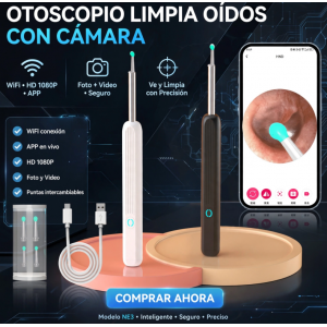 Otoscopio Limpiador de Oídos con Cámara HD 1080P Modelo NE3 - WiFi APP Visual - Kit con Puntas de Silicona - Limpieza Segura con Luz LED