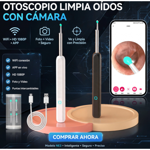 Otoscopio Limpiador de Oídos con Cámara HD 1080P Modelo NE3 - WiFi APP Visual - Kit con Puntas de Silicona - Limpieza Segura con Luz LED