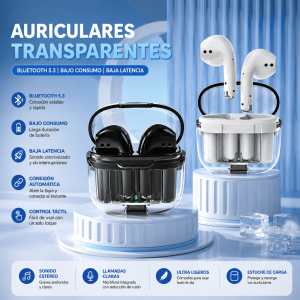 Auriculares Bluetooth transparentes con estuche de carga, control táctil, sonido estéreo, micrófono integrado y conexión automática. Venta por mayoreo.