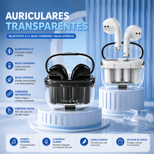 Auriculares Bluetooth transparentes con estuche de carga, control táctil, sonido estéreo, micrófono integrado y conexión automática. Venta por mayoreo.
