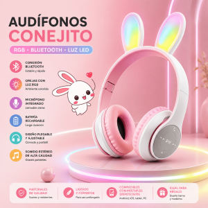 Audífonos Bluetooth de conejito con luz LED RGB, micrófono integrado, batería recargable y diseño plegable. Ideales para música y regalo. Venta por mayoreo.