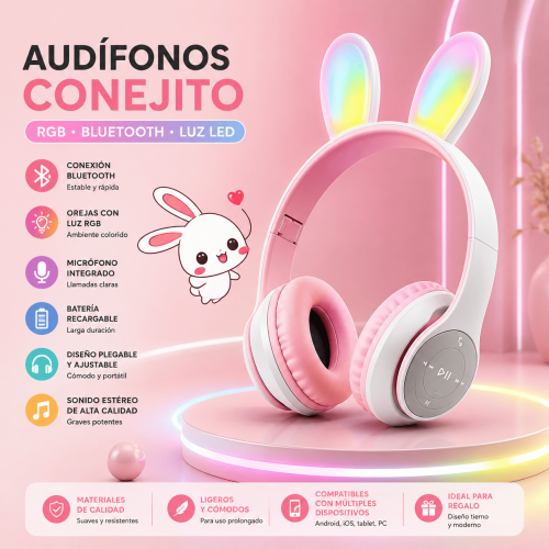 Audífonos Bluetooth de conejito con luz LED RGB, micrófono integrado, batería recargable y diseño plegable. Ideales para música y regalo. Venta por mayoreo. Audífonos Bluetooth de conejito con luz LED RGB, micrófono integrado, batería recargable y diseño plegable. Ideales para música y regalo. Venta por mayoreo.