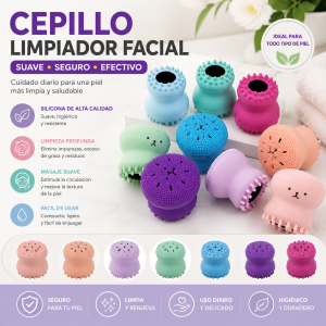 Cepillo limpiador facial de silicona suave, compacto y fácil de usar. Ideal para limpieza diaria del rostro y masaje facial ligero. Disponible por mayoreo.