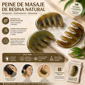 Peine de masaje de resina natural con diseño ergonómico y acabado pulido. Ideal para cuero cabelludo, rostro y cuerpo. Disponible por mayoreo.