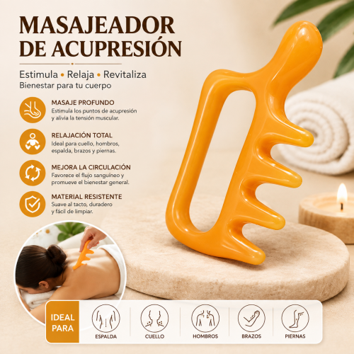 Masajeador manual de acupresión corporal, práctico para espalda, cuello, hombros, brazos y piernas. Diseño ergonómico y fácil de usar.