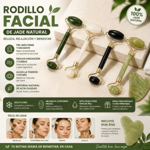 Rodillo facial de jade natural con gua sha, ideal para masaje facial, relajación y rutina de skincare. Práctico, elegante y disponible por mayoreo.