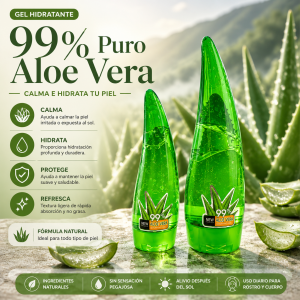 Gel hidratante de aloe vera 99%, ideal para rostro y cuerpo. Textura ligera, refrescante y fácil de aplicar. Disponible por mayoreo.