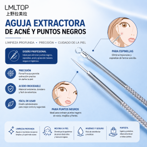 Aguja extractora de acné y puntos negros con doble punta, práctica para limpieza facial precisa. Reutilizable, portátil y disponible por mayoreo.