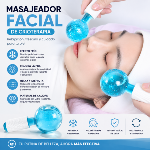 Masajeador facial de crioterapia con esferas frías, ideal para refrescar, relajar y complementar rutinas de cuidado facial. Disponible por mayoreo.