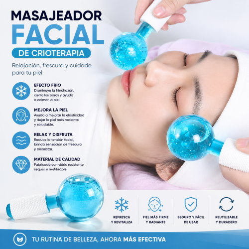 Masajeador facial de crioterapia con esferas frías, ideal para refrescar, relajar y complementar rutinas de cuidado facial. Disponible por mayoreo.