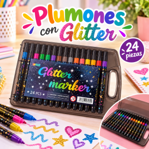 Estuche con 24 plumones con glitter en diferentes colores, ideal para dibujo, decoración y actividades creativas. Su presentación en estuche permite mantener las piezas organizadas.