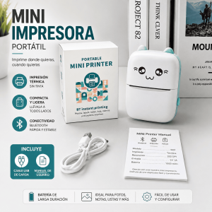 Mini impresora térmica portátil con conexión Bluetooth, impresión sin tinta y batería recargable USB. Compacta y fácil de transportar. Venta por mayoreo.