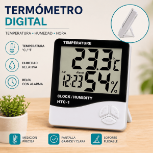Termómetro digital con medición de temperatura, humedad, reloj, alarma, pantalla grande y soporte plegable. Ideal para interiores. Venta por mayoreo.