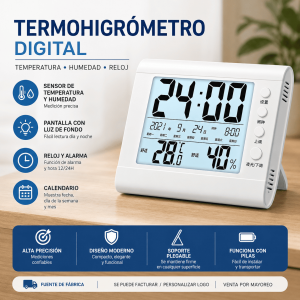 Termohigrómetro digital con sensor de temperatura y humedad, reloj, alarma, calendario, luz de fondo y soporte plegable. Venta por mayoreo.
