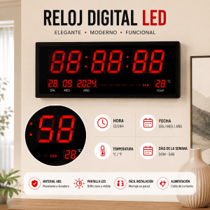 Reloj digital LED de pared con pantalla grande, hora, fecha, temperatura y calendario semanal. Ideal para interiores. Venta por mayoreo.