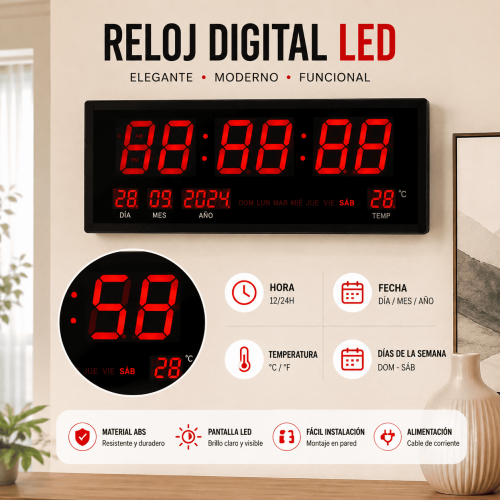 Reloj digital LED de pared con pantalla grande, hora, fecha, temperatura y calendario semanal. Ideal para interiores. Venta por mayoreo.