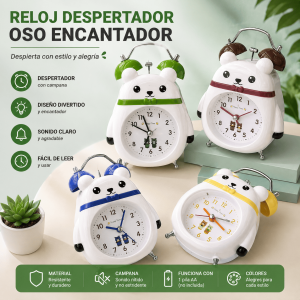 Reloj despertador infantil con diseño de oso, campana superior y carátula de fácil lectura. Ideal para habitación infantil, escritorio, mesa de noche o decoración. Disponible en varios colores alegres.