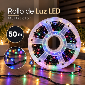 Rollo de luz LED multicolor de 50 m, ideal para iluminación decorativa en distintos espacios.