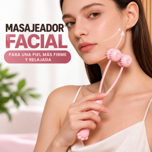 Masajeador facial manual rosa con doble rodillo texturizado. Práctico para masajes en rostro, mandíbula y cuello. Ideal para negocios de belleza. Venta por mayoreo.