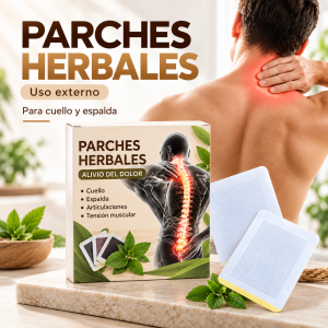 Parches herbales adhesivos para el cuidado del cuello y la zona cervical. Práctica presentación para negocios de belleza, bienestar y cuidado personal. Venta por mayoreo.