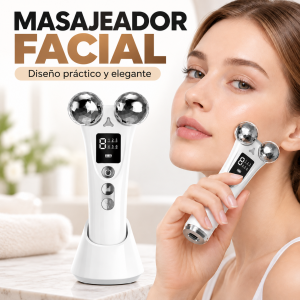 Masajeador facial eléctrico con doble esfera metálica, pantalla digital y diseño ergonómico. Ideal para rutinas de belleza y cuidado facial. Venta por mayoreo.