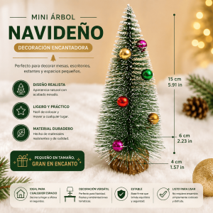 Mini árbol navideño decorativo de 15 cm con acabado nevado, esferas de colores y base tipo tronco. Ideal para mesas, oficinas y espacios pequeños.