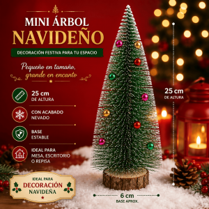 Mini árbol navideño decorativo de 25 cm con acabado nevado, esferas de colores y base tipo tronco. Ideal para mesas, escritorios, repisas y espacios pequeños.
