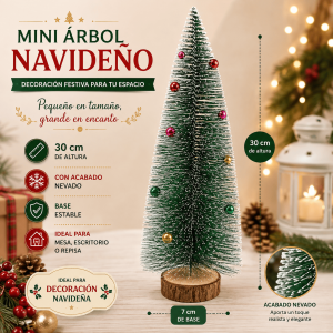 Mini árbol navideño decorativo de 30 cm con acabado nevado, esferas de colores y base tipo tronco. Ideal para mesas, escritorios y repisas.