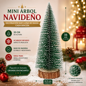 Mini árbol navideño decorativo de 35 cm con acabado nevado y base tipo tronco. Ideal para mesas, escritorios, repisas y decoración navideña.